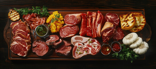 Platter of meats and vegetables on wooden table