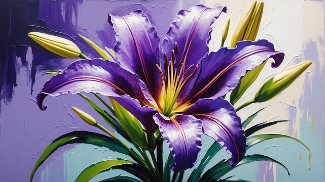 purple lily flower close-up pastel oil pallet knife paint painting on canvas with large brush strokes modern art illustration abstract from Generative AI