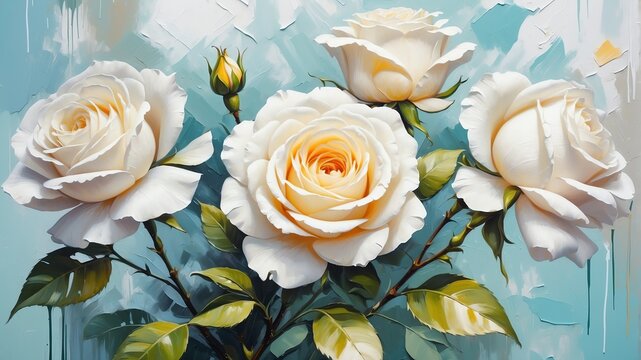 white roses flower close-up pastel oil pallet knife paint painting on canvas with large brush strokes modern art illustration abstract from Generative AI