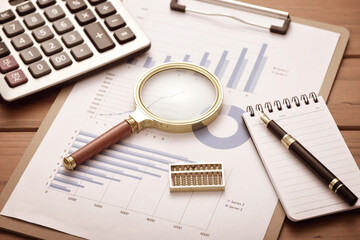 Office supplies placed on data sheets - financial work scenarios