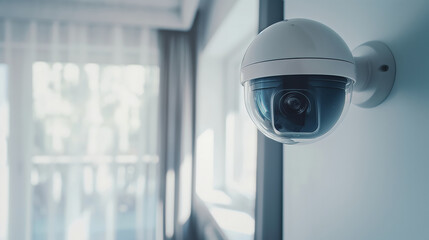 White wifi surveillance camera installed inside a house. Elegant ip cctv camera with alarm for home protection and security