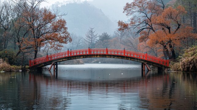 Wooden bridge in the autumn park, Japan autumn season.