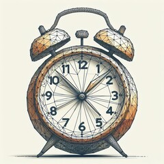 The wireframe illustration showcases a classic alarm clock. The clock features two bell-like structures at the top, a simplistic sphere for the clock face and time setting knobs toward the back o