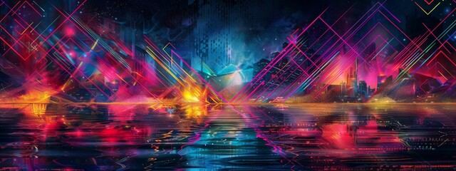 Glowing geometric shapes interlaced with neon lights set against a futuristic scenery, emanating vibrant energy and movement. - obrazy, fototapety, plakaty