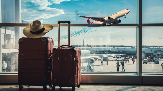 The image showcases a traveler's luggage and hat resting near an airport window. In the background, an ascending airplane creates a beautiful specter against the brilliant blue sky. The ground cr...