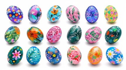 Collection of colourful hand painted decorated easter eggs on white background cutout file. Pattern and floral set. Many different design. Mockup template for artwork design