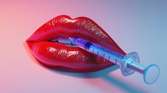 Injection with syringe for lip augmentation, red lips, beauty injections. Generative AI