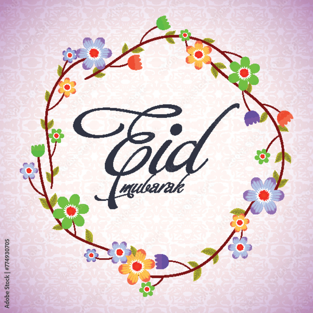 Wall mural beautiful flowers decorated greeting card design, eid mubarak typographical background, creative vec