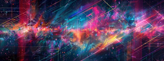 Glowing geometric shapes interlaced with neon lights set against a futuristic scenery, emanating vibrant energy and movement.