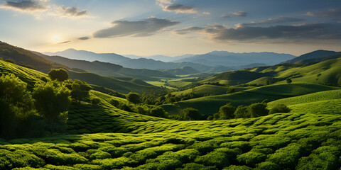 Vibrant Fantasy Landscape Of A Green Tea Plantation At Sunrise
