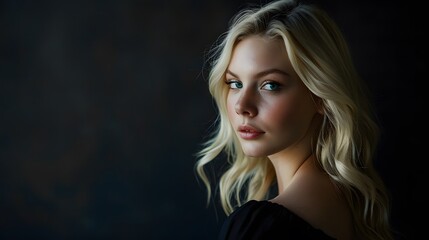 Stylish Blonde Woman in Smart Pose on Black Background
