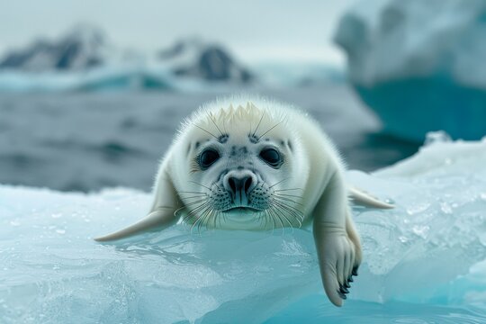 Capturing the innocence  baby seal pup gazing from iceberg in cinematic photorealistic photography