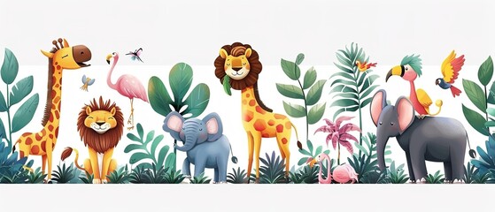 Set of precisely rendered wild animals and tropical trees drawn over a white setting, idyllic for nature-themed themes and space, Generative AI. - obrazy, fototapety, plakaty