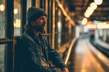 Handsome bearded hipster man in hat and jacket standing on the platform of a train station. - obrazy, fototapety, plakaty