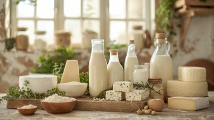 Dairy alternatives laid out in a modern kitchen, captured in morning light, highlighting lactose-free options for GERD sufferers - obrazy, fototapety, plakaty