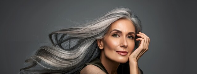 woman with gray hair, Caucasian female long wavy hair beauty salon portrait, concept of healthy hair, natural hair, hair care © JovialFox
