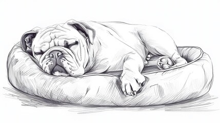 illustration of a Bulldog sleeping in a Fluffy Bed