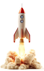 The rocket takes off with jet smoke on a white background. Startup rocket - boost innovation symbol