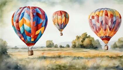Fototapeta premium Hot Air Balloons over Golden Fields Watercolor Artwork