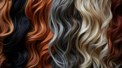 Closeup silky brunette chestnut wavy wig hair swatch brown mahogany espresso shiny color dye tone samples chart beauty hairdresser beauty salon stylist weave hairstyle texture haircare campaign banner