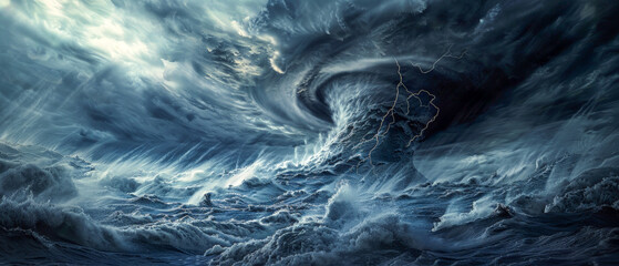 A stormy ocean with a huge wave and a dark sky - obrazy, fototapety, plakaty