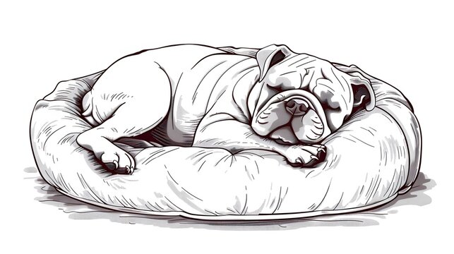 illustration of a Bulldog sleeping in a Fluffy Bed