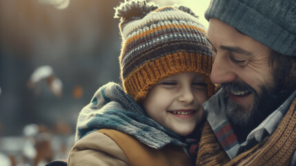 Homem abraçando seu filho ao ar livre - perfil felizes - obrazy, fototapety, plakaty