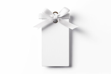 white cardboard hangtag for products or gift tag mockup with ribbon on white background