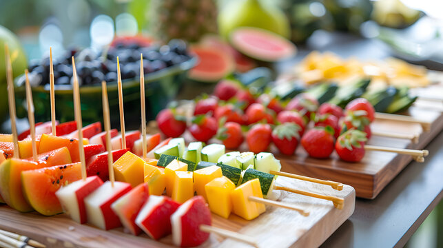 skewers of various fruits on a wooden board,Sweet dessert table at a wedding.Cakestand at a wedding day,skewers of salmon , shrimps, cheese, sausage and vegetables
