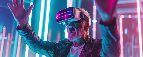 Fototapeta na wymiar Senior man wearing VR surprised in the virtual world