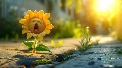 an anthropomorphic flower with a cute face bursting through a crack in a sidewalk to yawn and stretch in the bright morning sunlight - obrazy, fototapety, plakaty