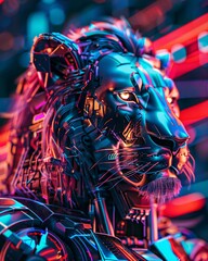 Fototapeta na wymiar lion robot on cyber background