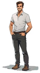 colorful illustration of A handsome British man, standing, wearing a white polo shirt, with hand in the pocket