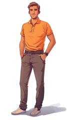 Fototapeta premium colorful illustration of A handsome french man, standing, wearing an orange polo shirt, with hand in the pocket