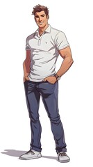 Naklejka premium colorful illustration of A handsome french man, standing, wearing a white polo shirt, with hand in the pocket