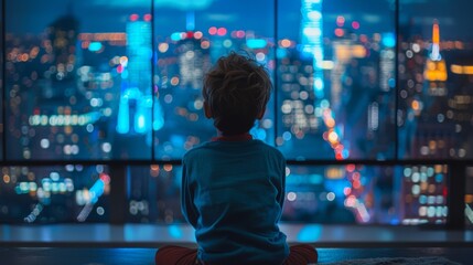 Obraz premium A young boy sitting on the floor looking at a cityscape, AI