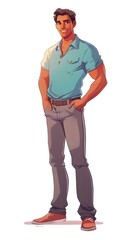 Fototapeta premium colorful illustration of A handsome Brazilian man, standing, wearing a blue polo shirt, with hand in the pocket