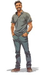 Fototapeta premium colorful illustration of A handsome Italian man, standing, wearing a green polo shirt, with hand in the pocket