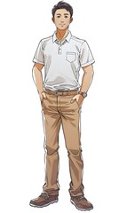 Fototapeta premium colorful illustration of A handsome japanese man, standing, wearing a white polo shirt, with hand in the pocket