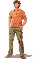 Fototapeta premium colorful illustration of A handsome japanese man, standing, wearing an orange polo shirt, with hand in the pocket
