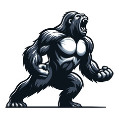Wild angry gorilla full body vector illustration, primate animal zoology element illustration, roaring strong big ape concept, design template isolated on white background