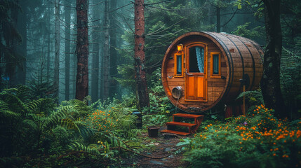 A cozy wooden barrel home nestled amidst serene forest glades.