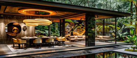 Naklejka premium Peaceful Japanese Garden, Traditional Architecture Amidst Lush Greenery, Serene Park in Kyoto