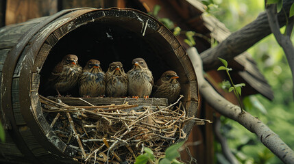 A family of birds nesting on the barrel home's roof, a heartwarming sight.