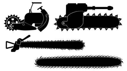 Chainsaw, Silhouettes of Construction equipment, black filled, simple vector, isolate on white background  - obrazy, fototapety, plakaty