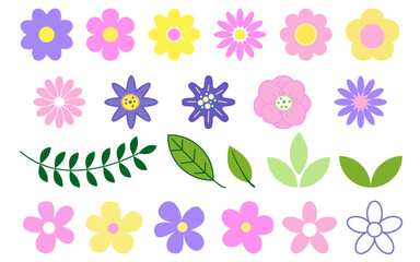 Set of simple funny flowers and leaves isolated on a white background. Seventeen pink, lilac and yellow flowers. Design templates, hand-drawn elements.