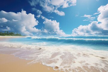 Fototapeta na wymiar Tropical Sandy Beach Paradise, ocean surf, blue sky with clouds background