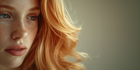 Close up wavy strawberry blonde hair color swatch one woman face model stylist salon ash honey...