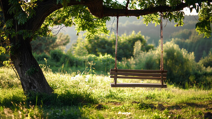 A rustic wooden swing hanging from a nearby tree, adding to the idyllic charm.