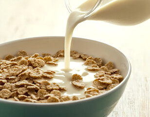 Milk from a glass jug being poured into a bowl of cereal. World milk day. Concepts of health, nutrition and breakfast.